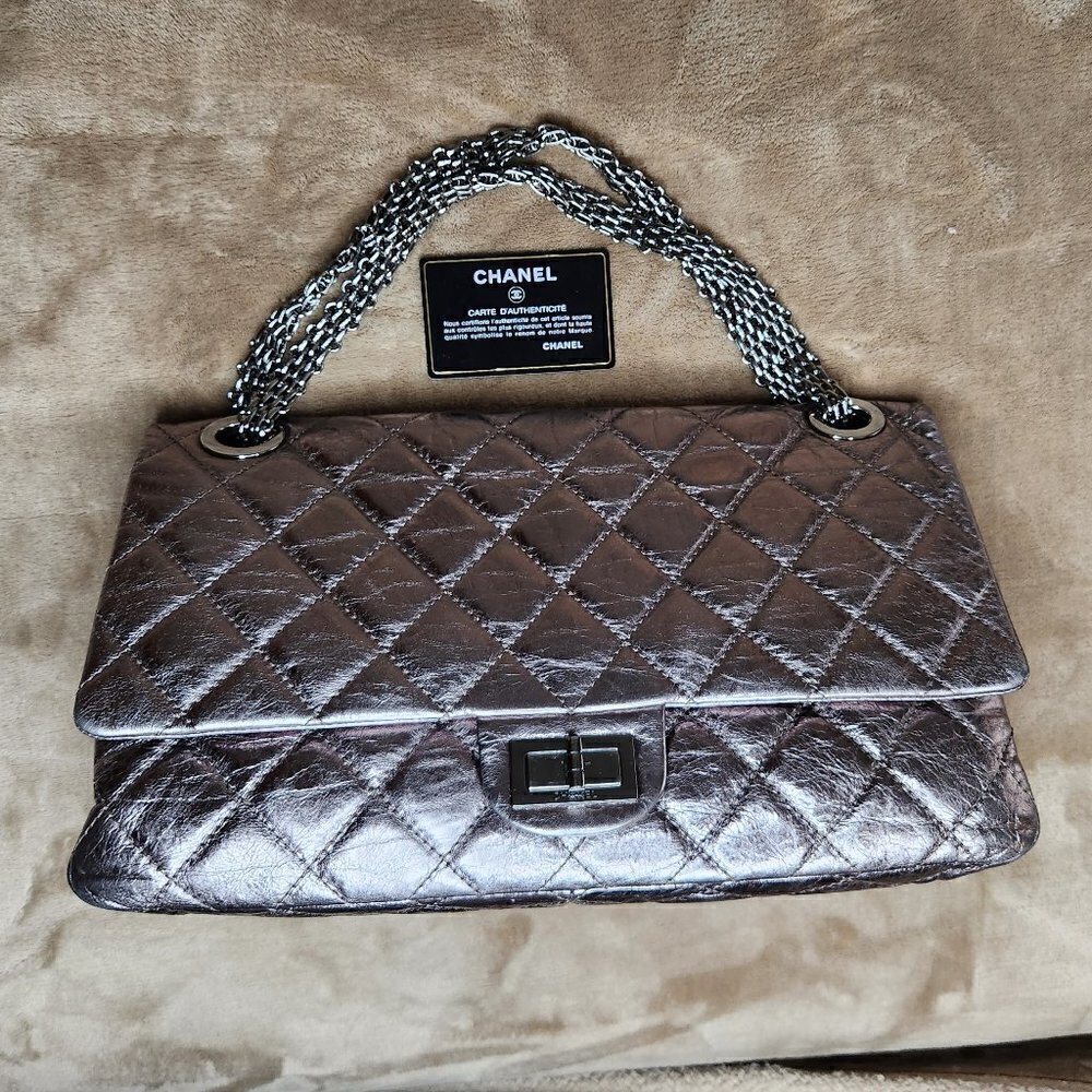 Chanel Metallic Quilted Aged Leather Reissue, Authentic